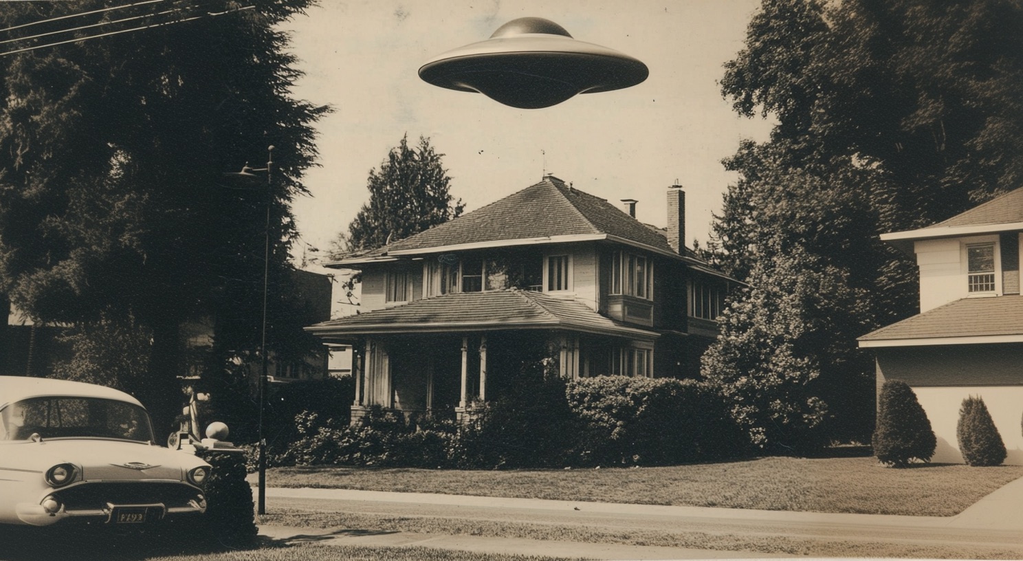 Retro photograph of a UFO hovering above a quiet suburban house