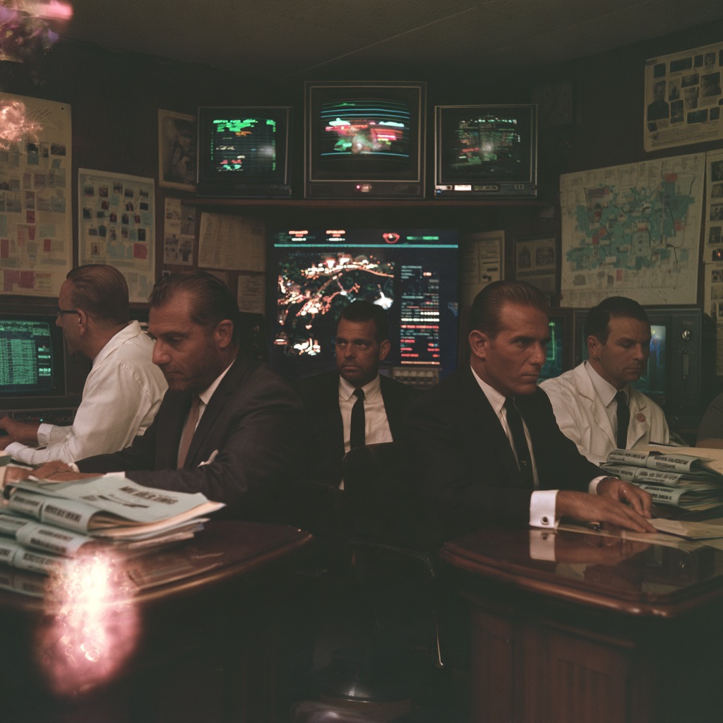 Retro mission-control room with analysts reviewing data at banks of monitors