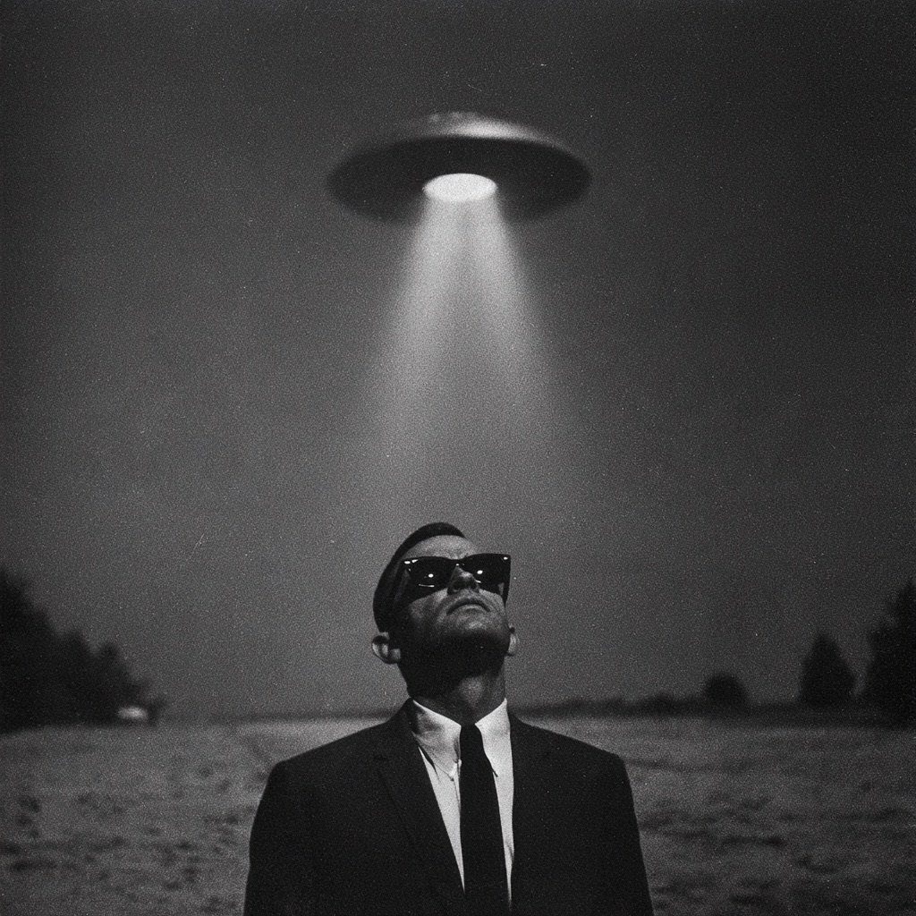 Man in sunglasses looking up into a UFO&rsquo;s beam of light