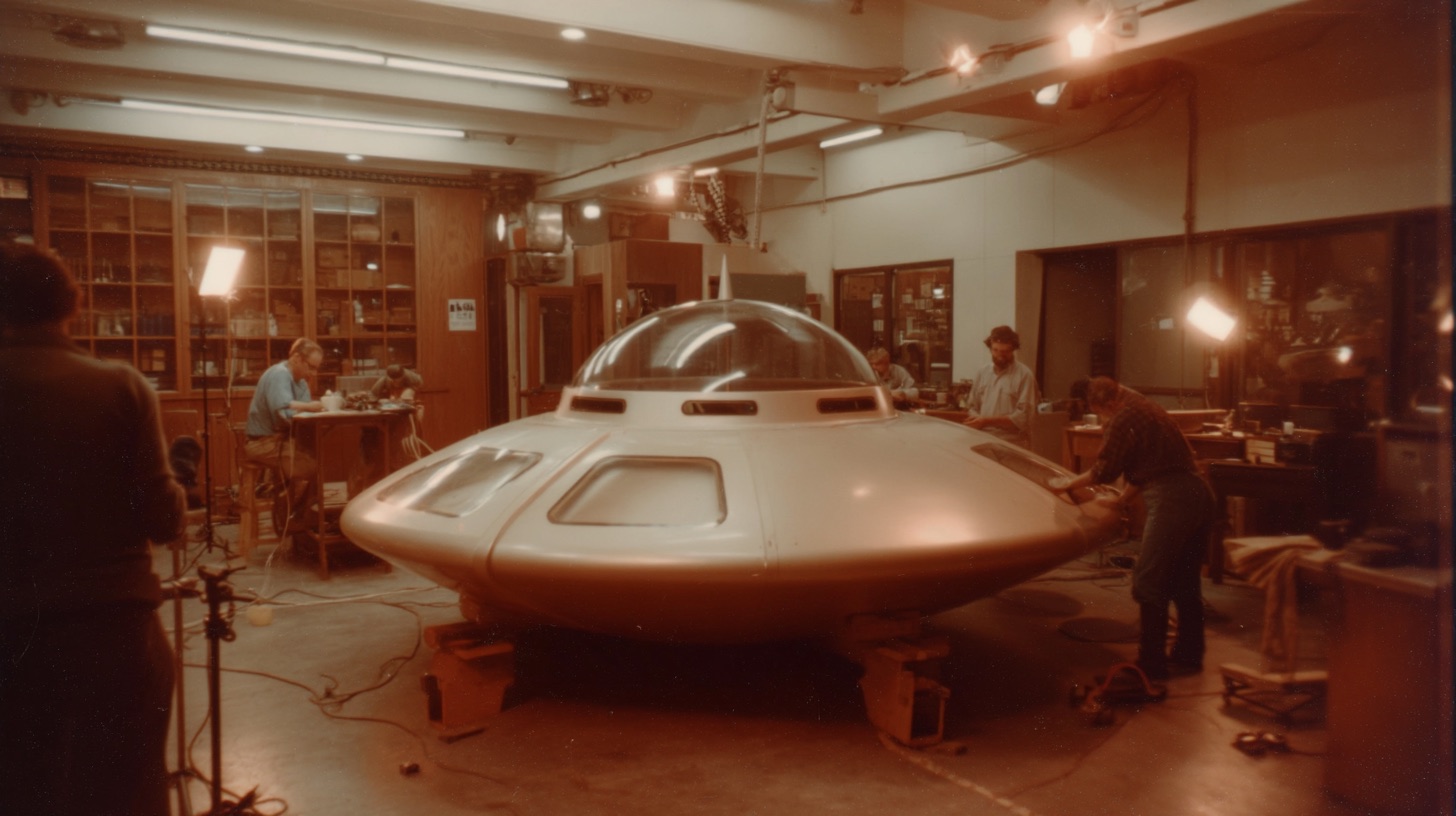 Retro workshop crew building a UFO model under studio lights, practical effects in progress